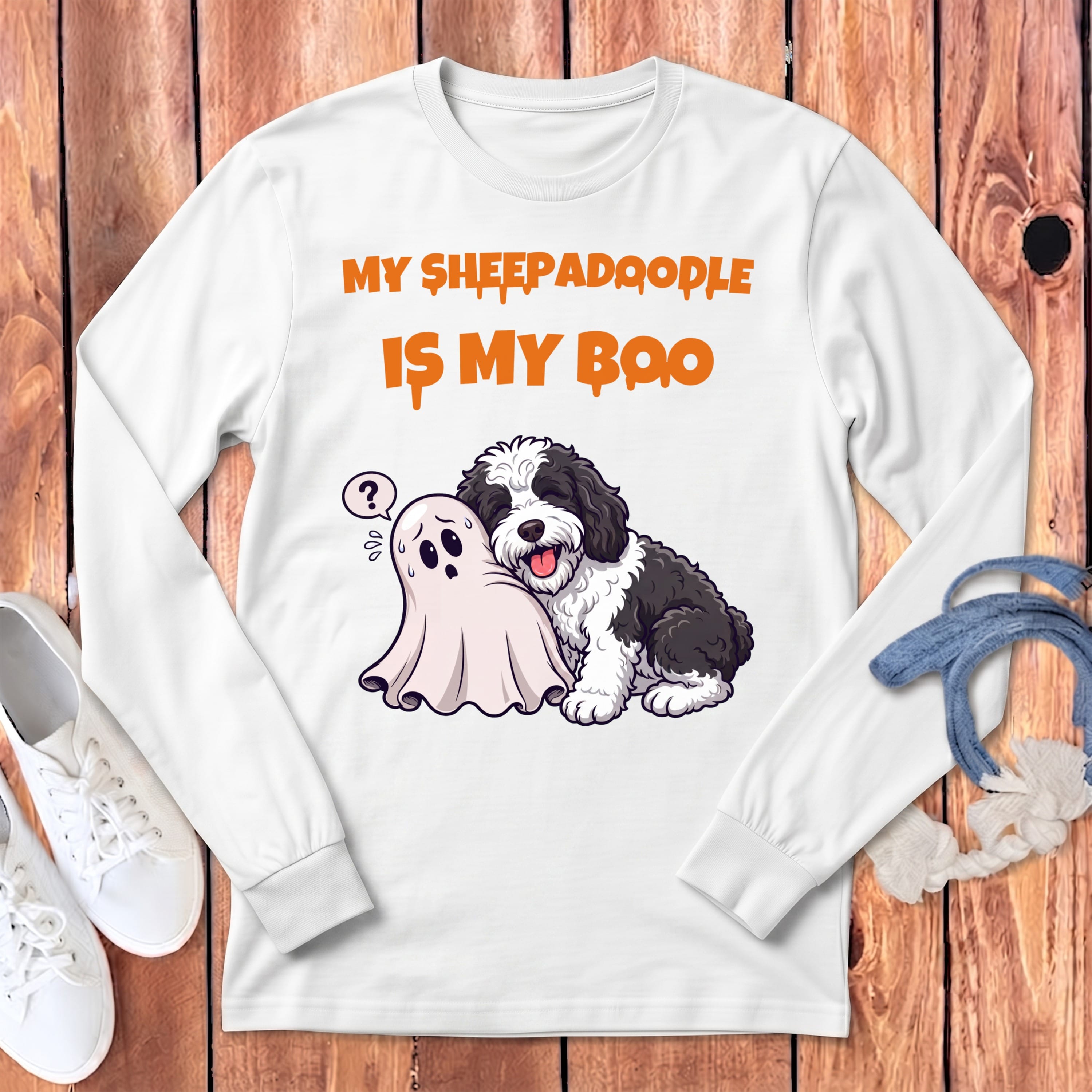 Sheepadoodle My Boo Long Sleeve T-Shirt in White / S by Puppy Jo