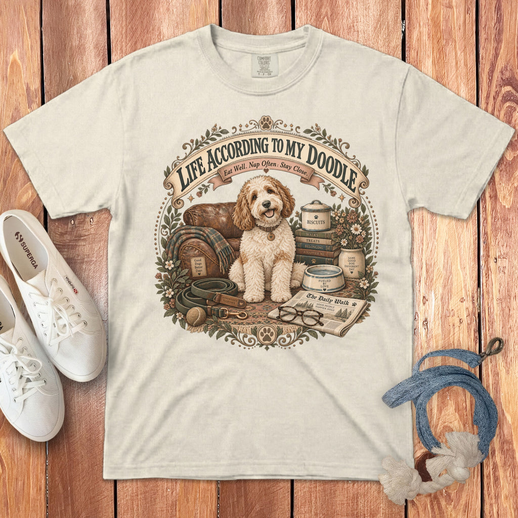 T-shirt with "Life According to My Doodle" graphic featuring a dog and various dog accessories.