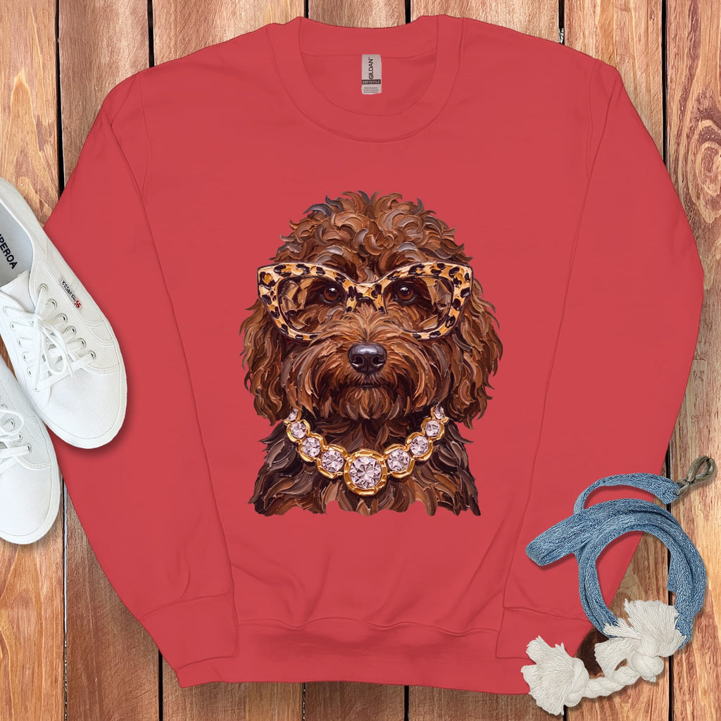 Chocolate Goldendoodle Glam Sweatshirt in Red / S by Puppy Jo
