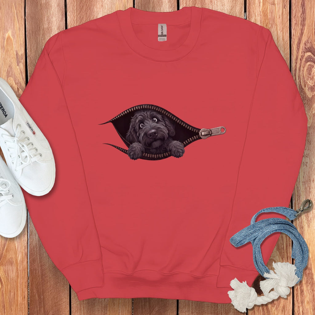 Black Goldendoodle Peeking Zipper Sweatshirt in Red / S by Puppy Jo