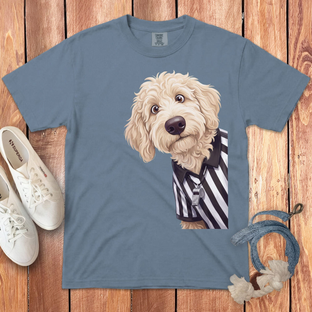 Cream Goldendoodle Football Referee Signature T-Shirt in Blue Jean / S by Puppy Jo