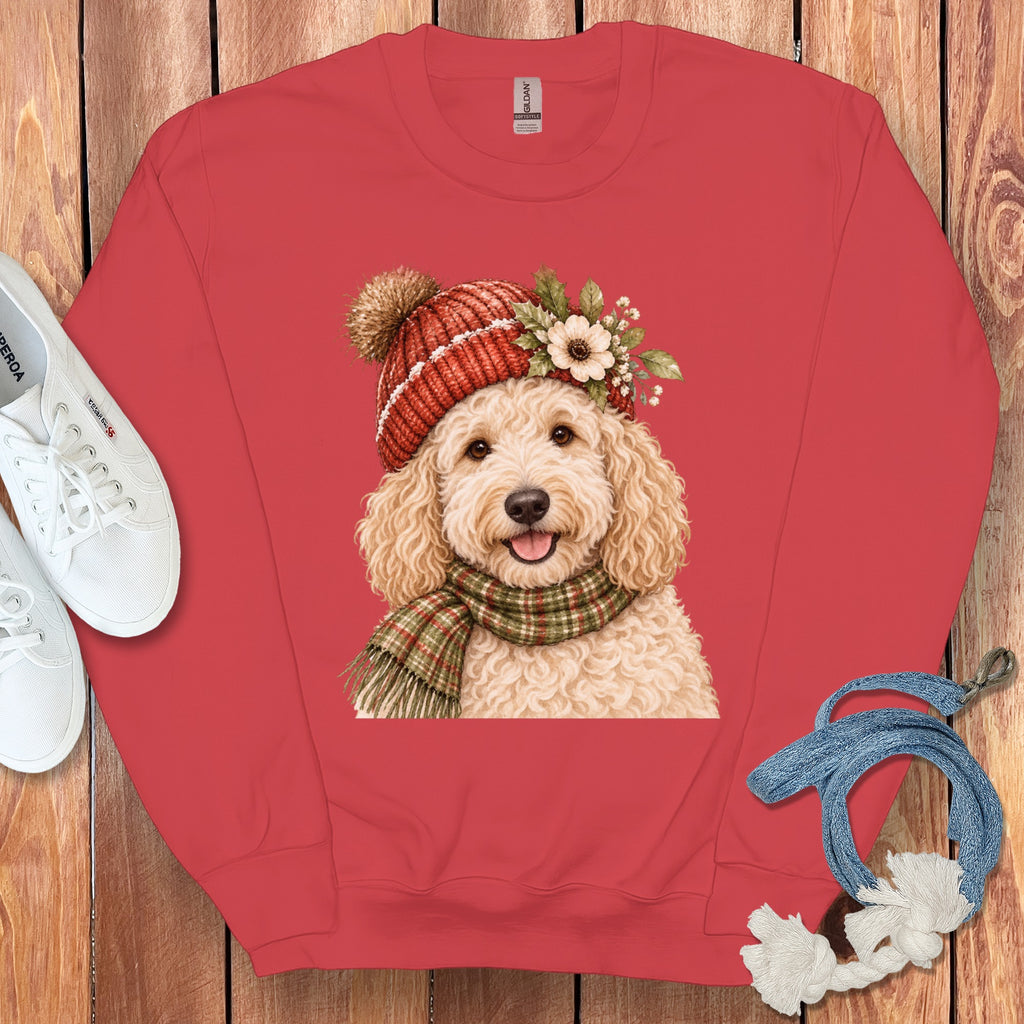 Crewneck sweatshirt with a watercolor doodle wearing a knit hat and plaid scarf.