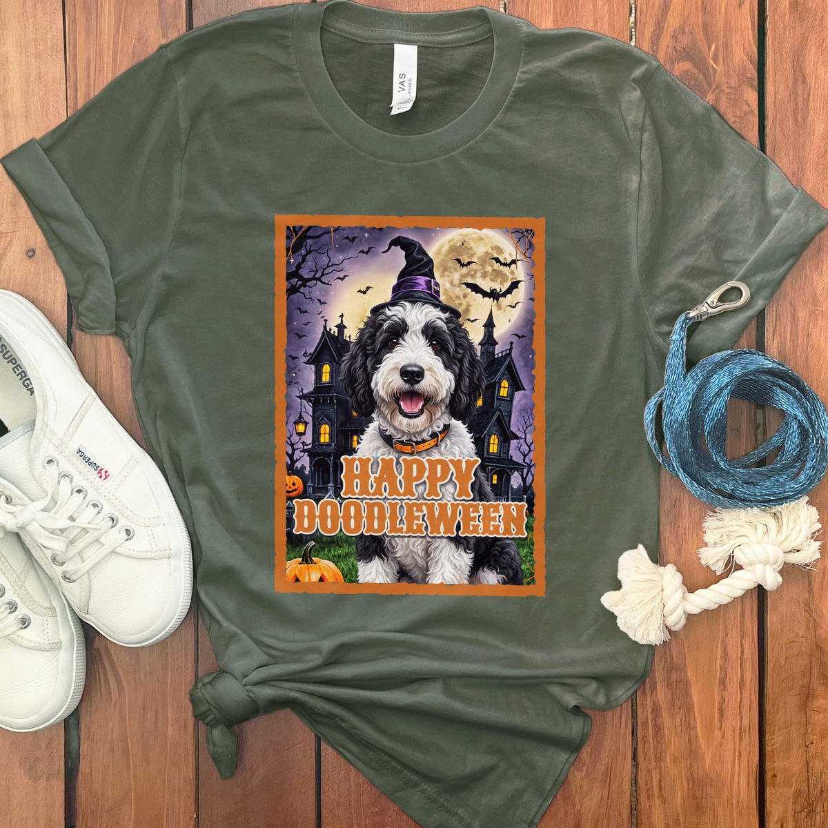 Sheepadoodle Happy Doodleween T-Shirt in Military Green / M by Puppy Jo
