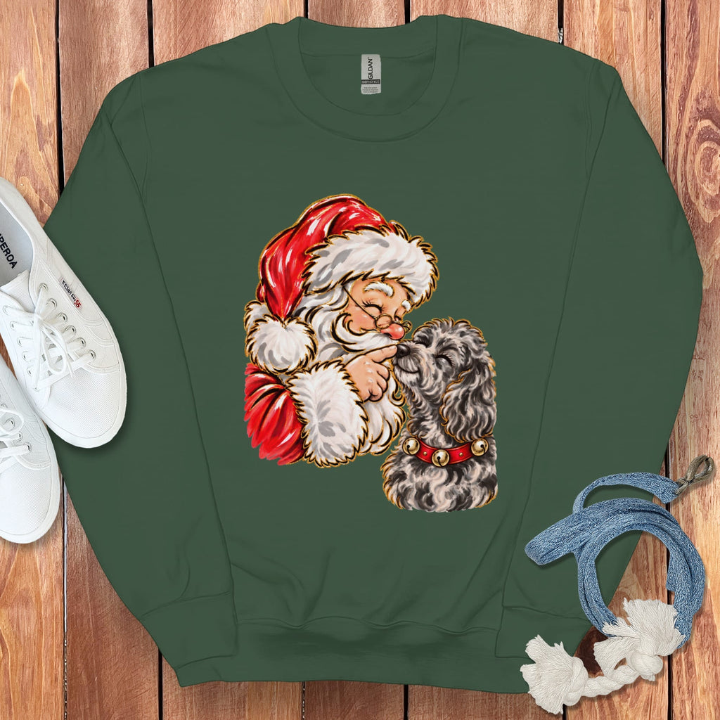 Merle Goldendoodle Santa Kiss Sweatshirt in Forest Green / S by Puppy Jo