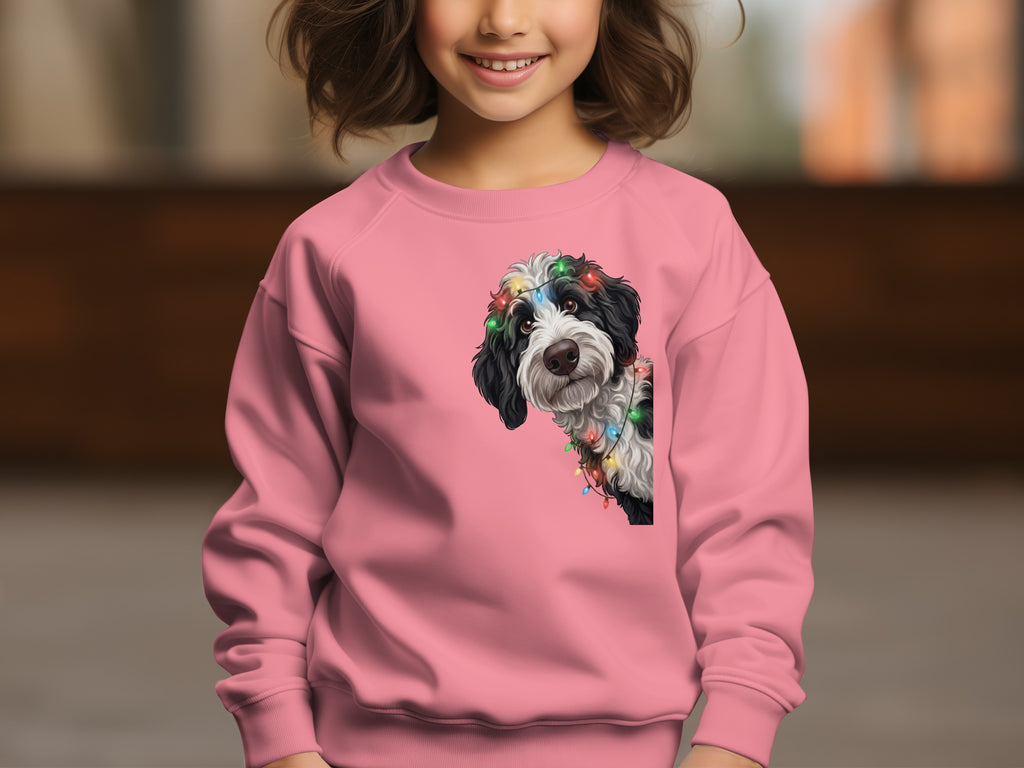 Pink sweatshirt with a black and white dog wearing colorful Christmas lights.