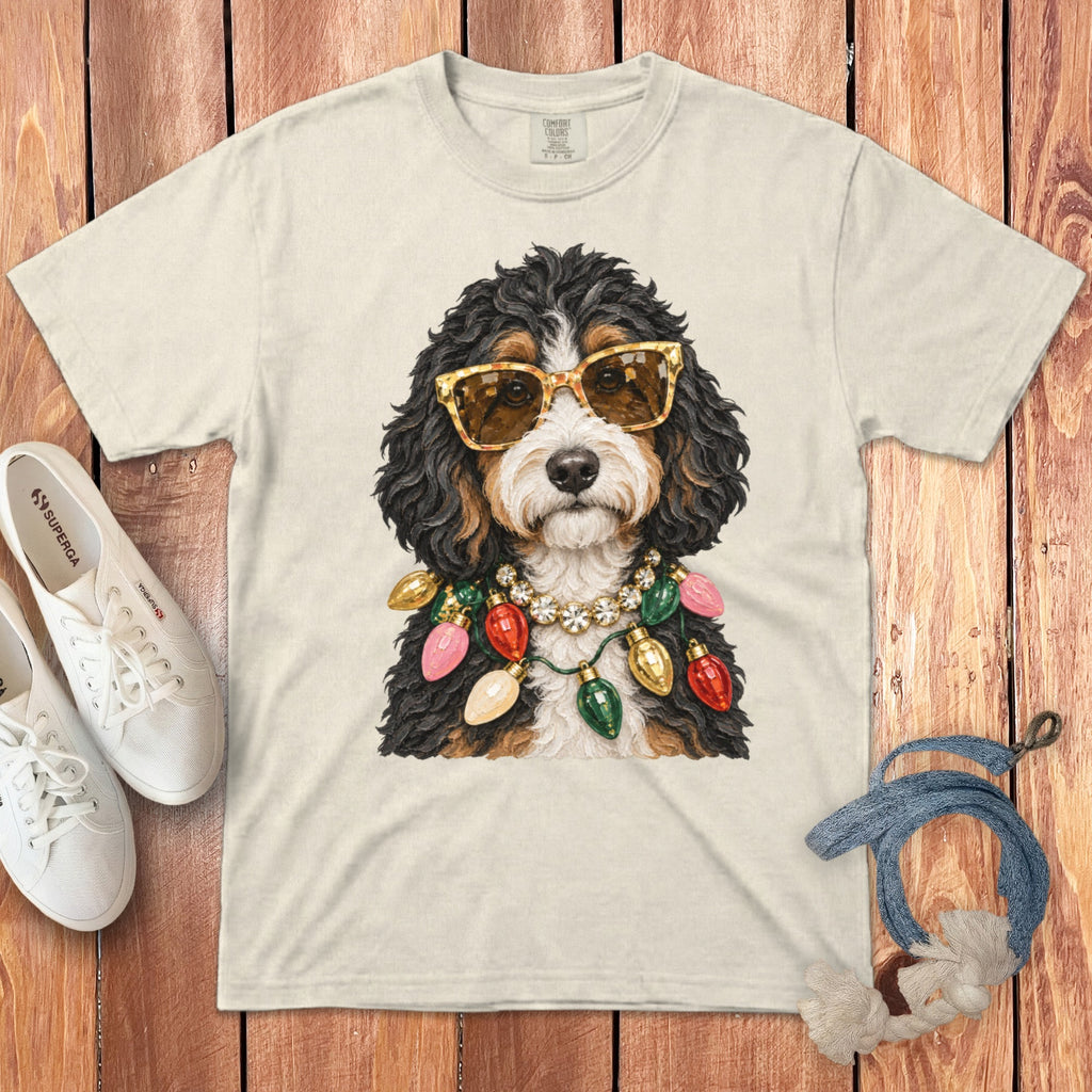 Bernese Mountain Dog wearing sunglasses and Christmas lights necklace on t-shirt.