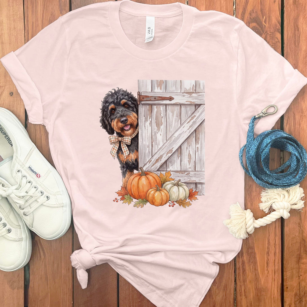 Phantom Goldendoodle Barn Peeking T-Shirt in Soft Pink / S by Puppy Jo