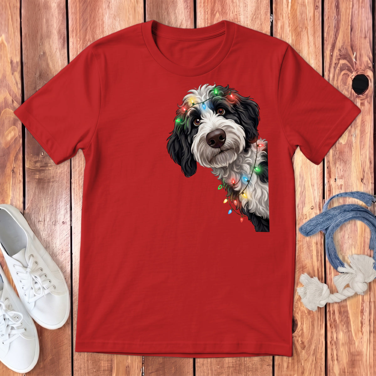 Red t-shirt with a black and white dog wearing colorful Christmas lights.