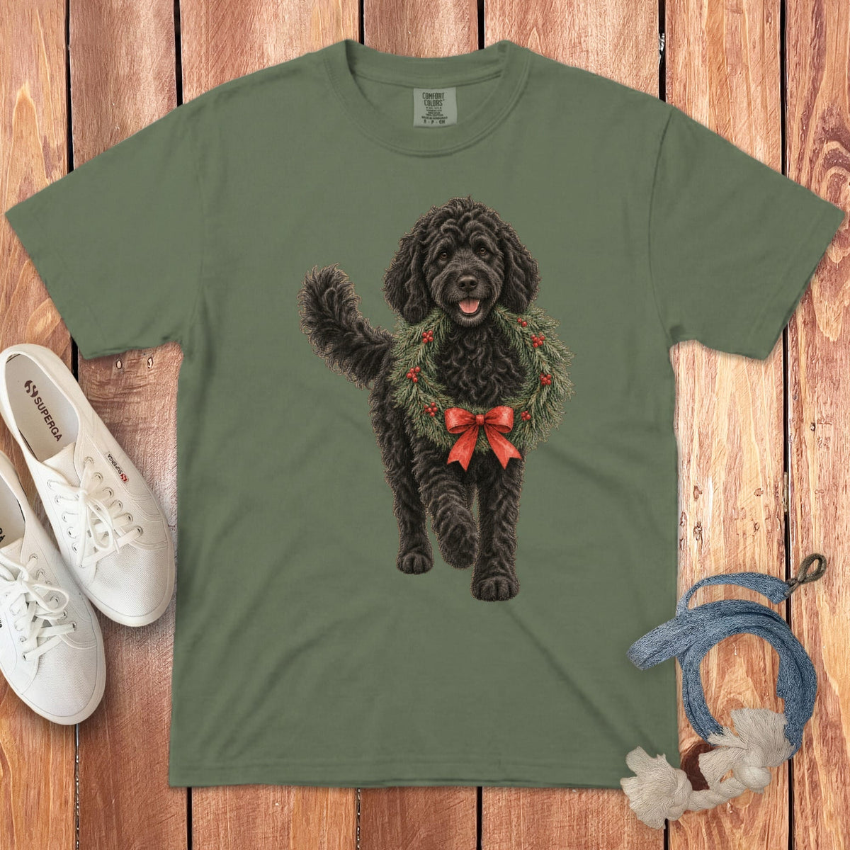 Black Goldendoodle Wreath Signature T-Shirt in Moss / S by Puppy Jo