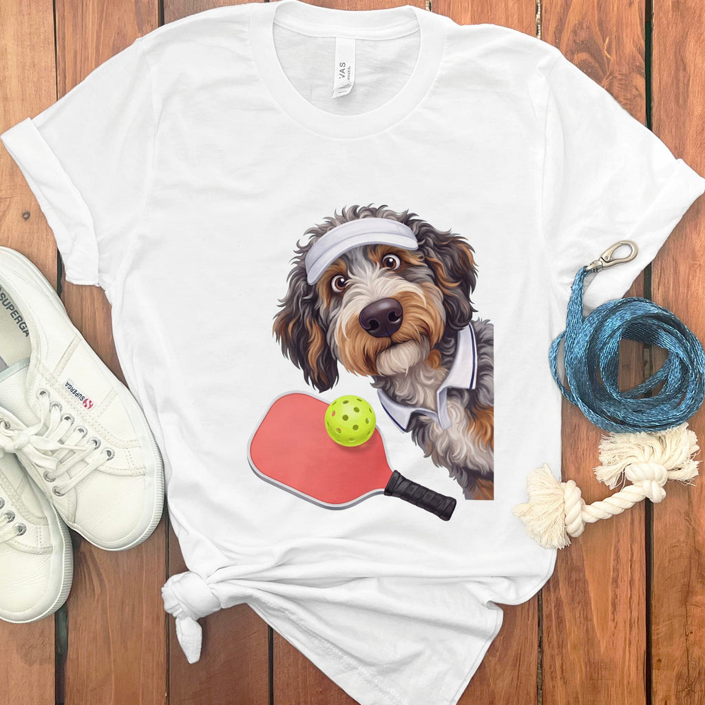 Aussiedoodle Pickleball Player T-Shirt in White / S by Puppy Jo