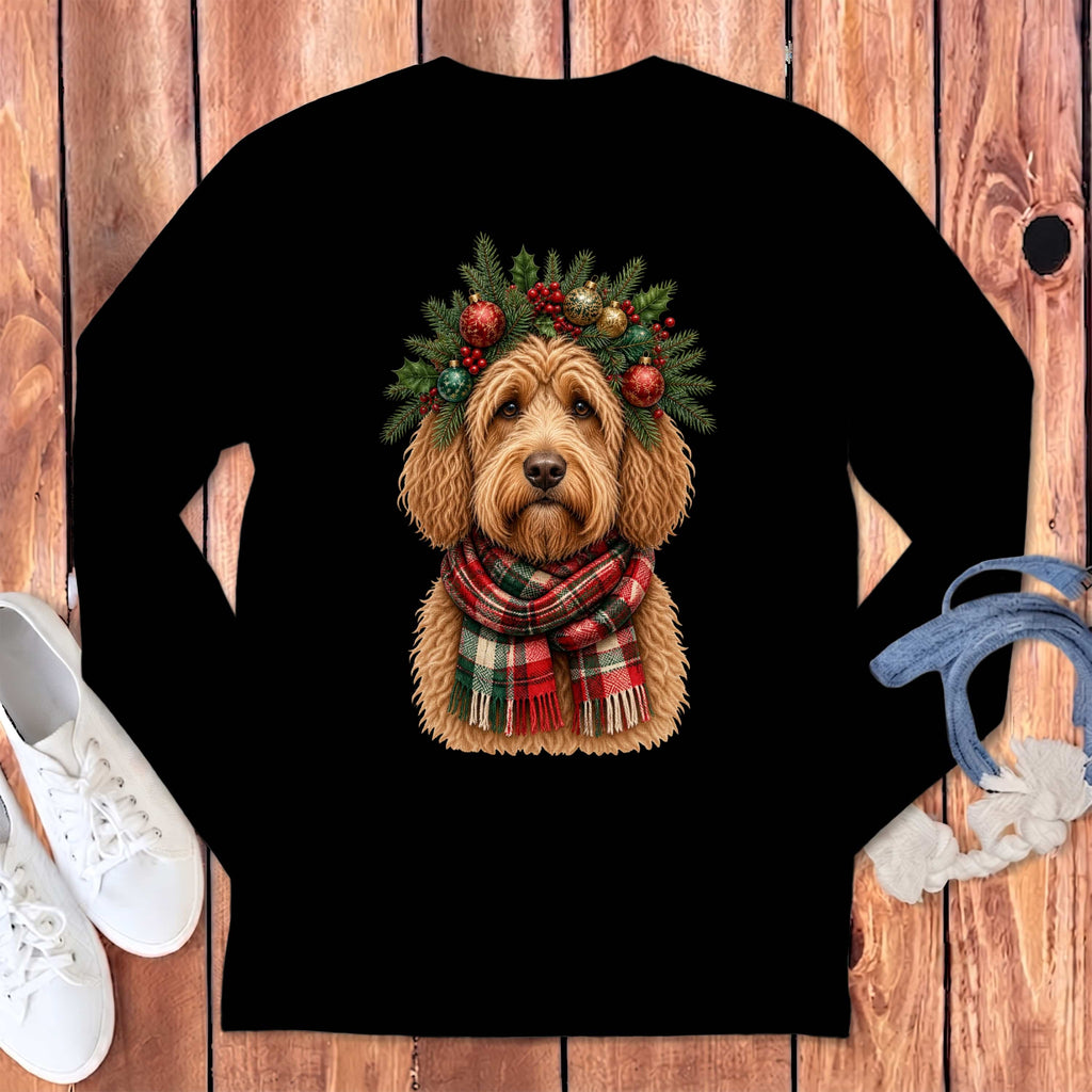 Apricot Goldendoodle Holiday Crown Long Sleeve T-Shirt in Black / S by MyDesigns