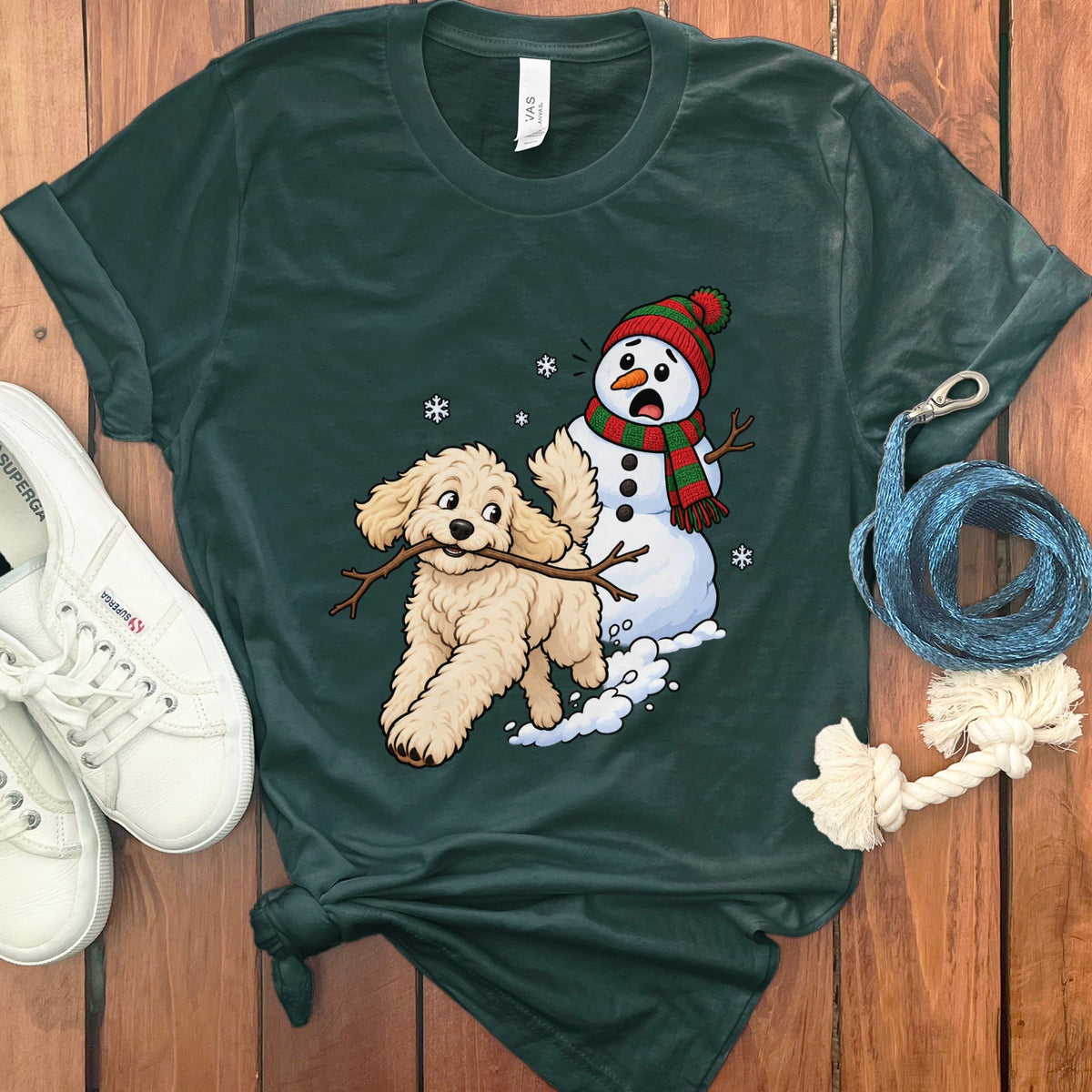 Cream Goldendoodle Snowman T-Shirt in Forest / S by Puppy Jo