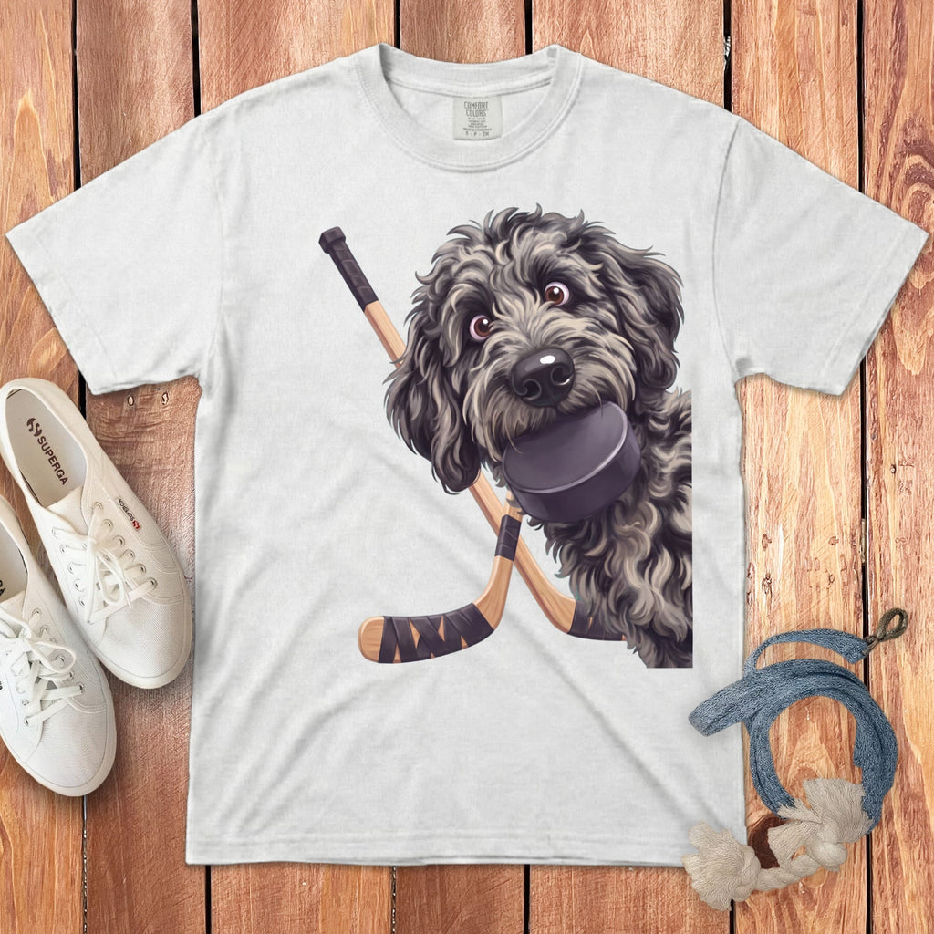 Merle Goldendoodle Hockey Signature T-Shirt in White / S by Puppy Jo