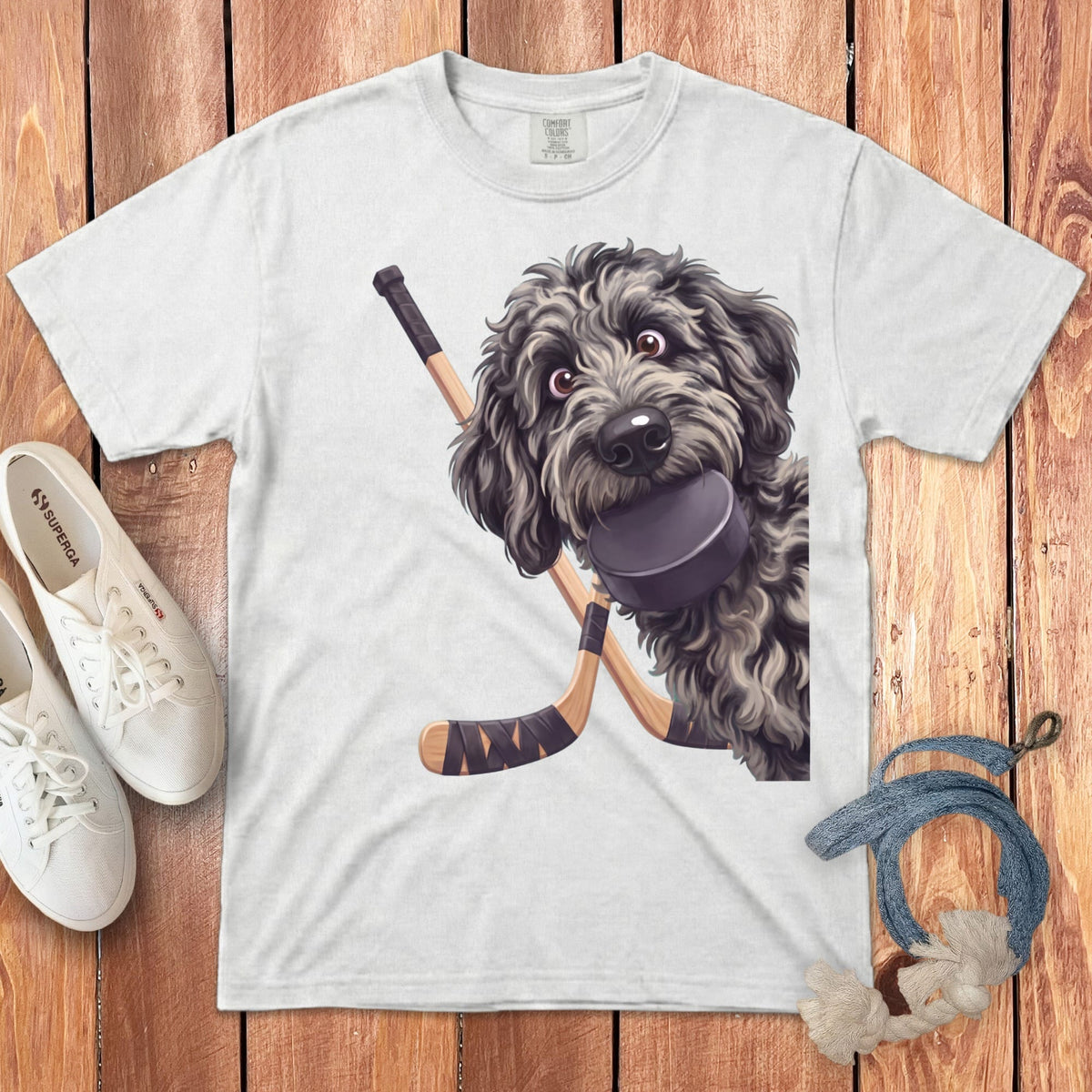 Merle Goldendoodle Hockey Signature T-Shirt in White / S by Puppy Jo