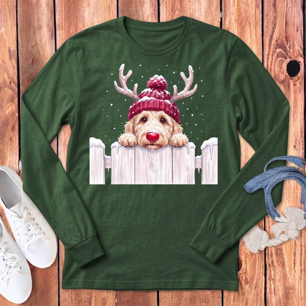 Green long-sleeve shirt with a doodle dog wearing a Santa hat and antlers.