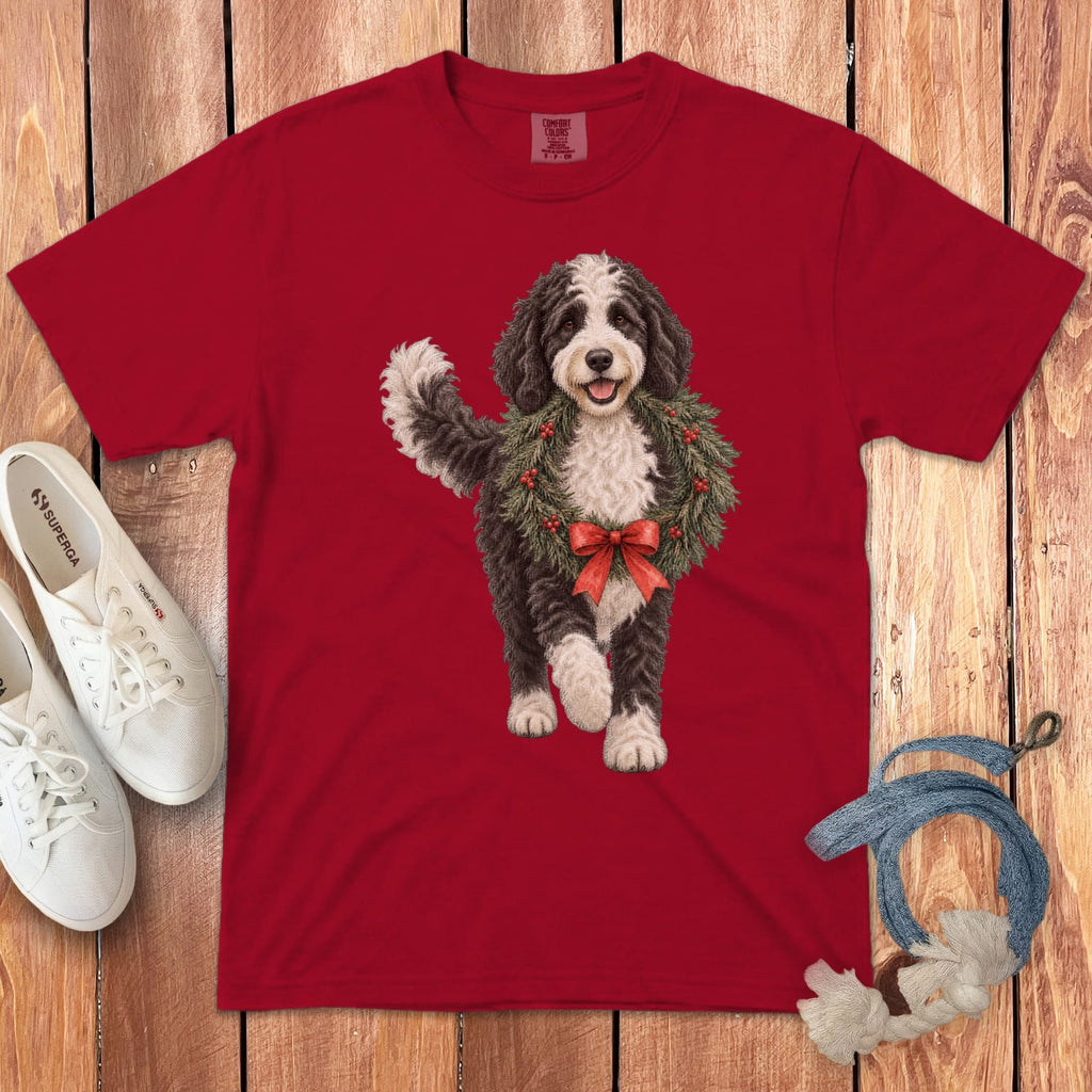 Sheepadoodle Wreath Signature T-Shirt in Red / S by Puppy Jo