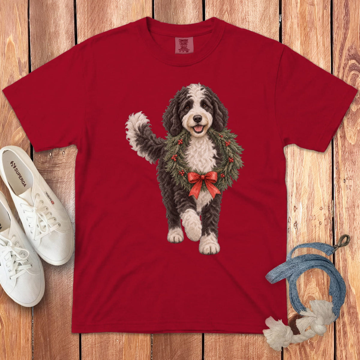 Sheepadoodle Wreath Signature T-Shirt in Red / S by Puppy Jo