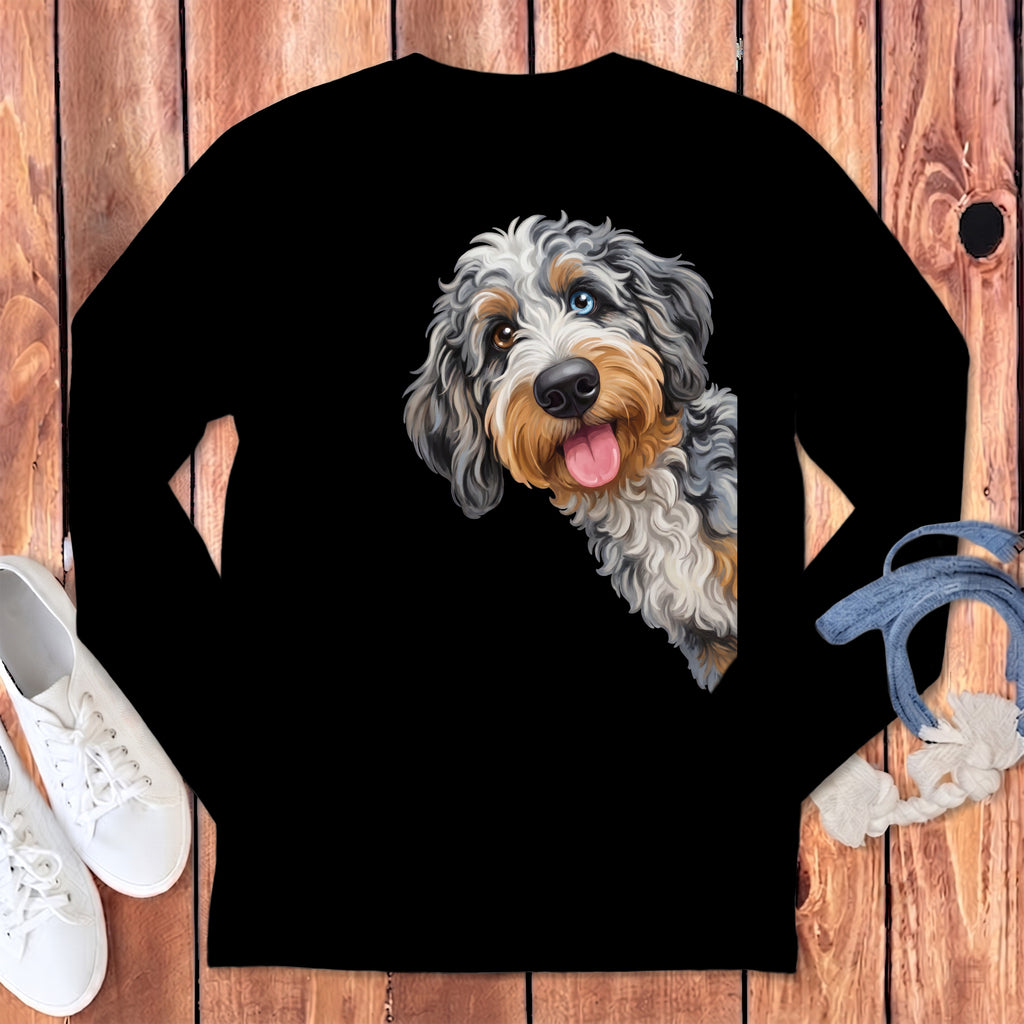 Black long-sleeve shirt featuring a colorful doodle-style Bernedoodle dog face.