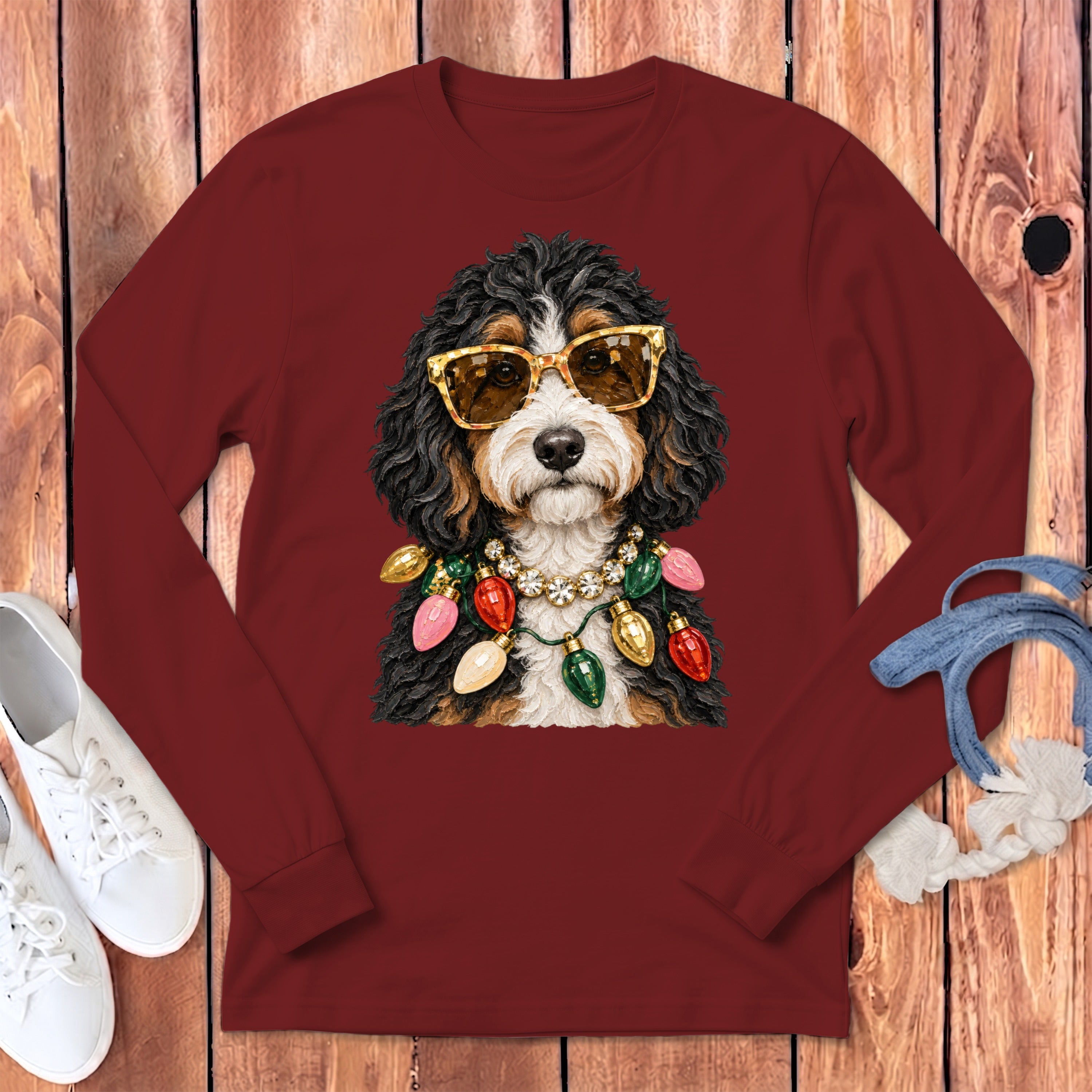 Bernedoodle wearing sunglasses and a Christmas light necklace on a maroon shirt.