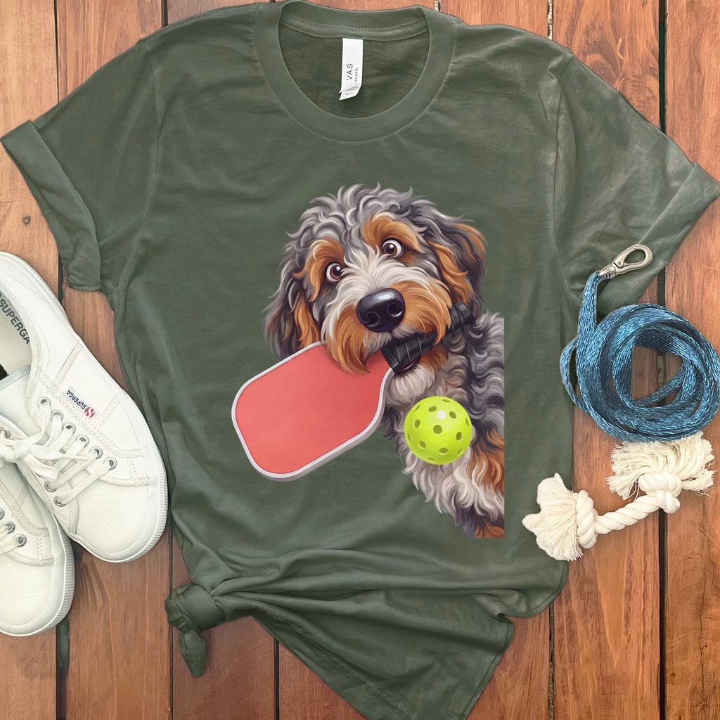 Aussiedoodle Pickleball T-Shirt in Military Green / S by Puppy Jo