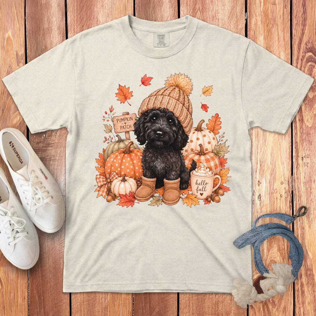 Black Goldendoodle Pumpkin Patch Signature T-Shirt in Ivory / S by Puppy Jo