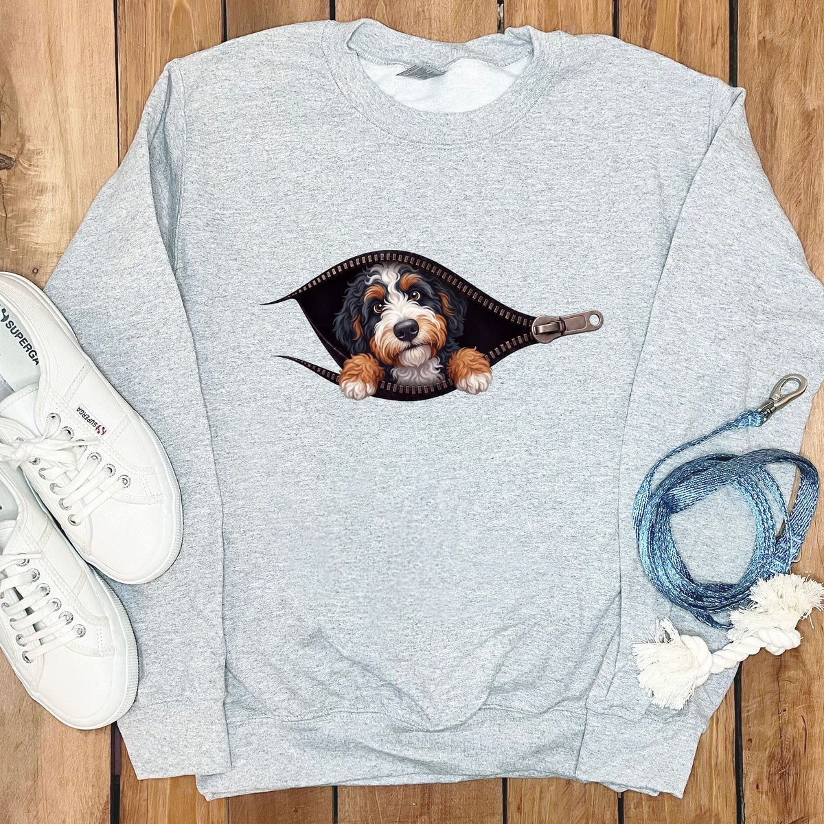 Bernedoodle Peeking Zipper Sweatshirt in Sport Grey / S by Puppy Jo