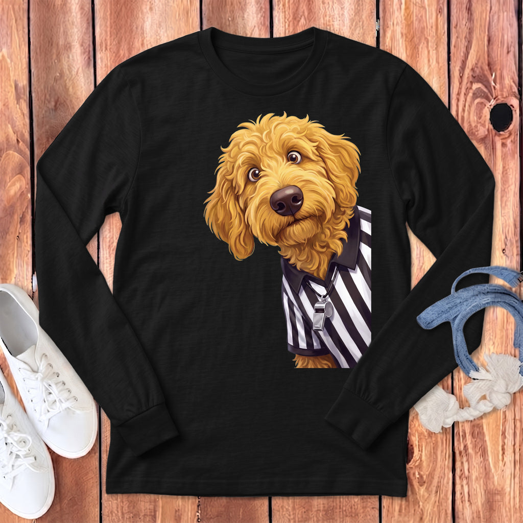 Black long sleeve shirt with a cartoon goldendoodle wearing a referee shirt and whistle.