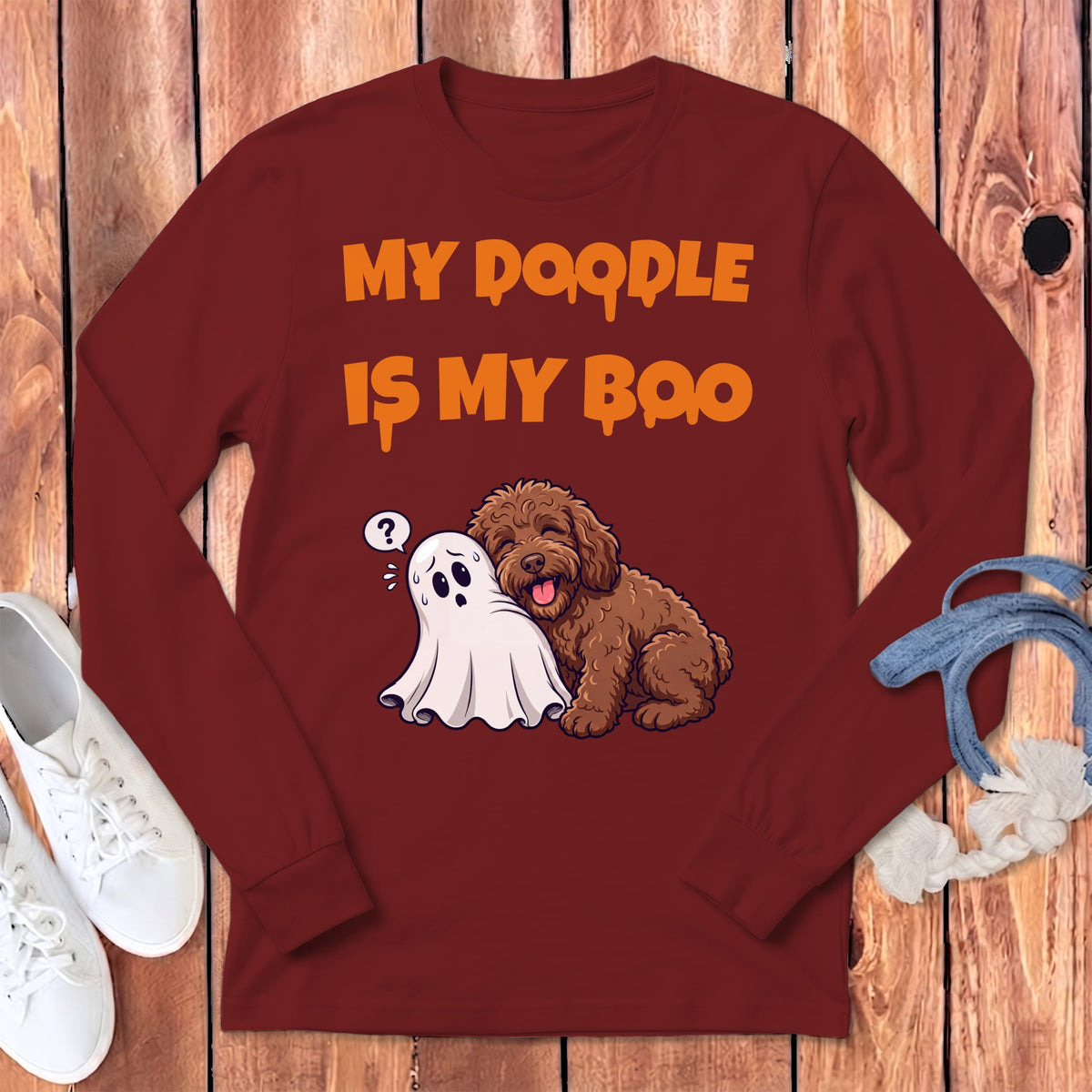 Chocolate Goldendoodle My Boo Long Sleeve T-Shirt in Cardinal / S by Puppy Jo