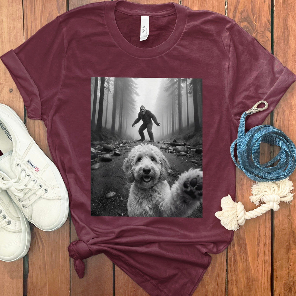 Happy Dog in Forest Scene on Burgundy T-shirt