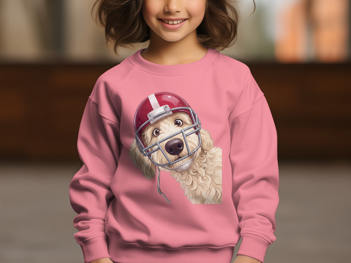 Pink sweatshirt with a cartoon dog wearing a football helmet design.