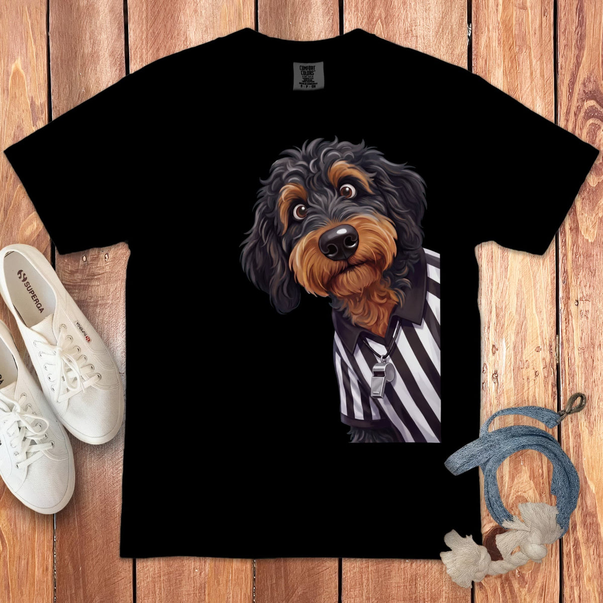 Phantom Goldendoodle Football Referee Signature T-Shirt in Black / S by Puppy Jo