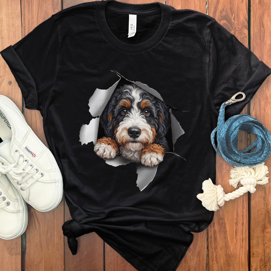 Cute Dog Peeking Design on Black Graphic T-Shirt