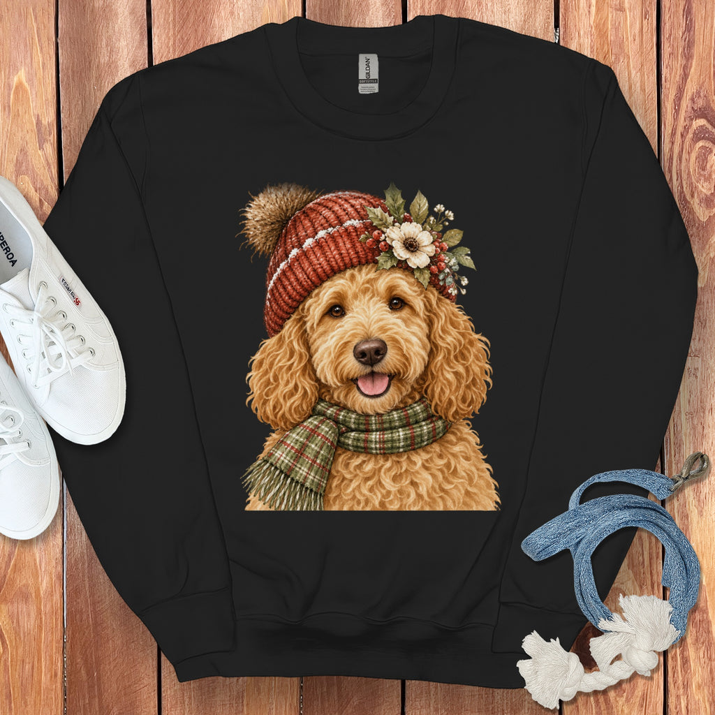 Black sweatshirt with a watercolor painting of a goldendoodle wearing a beanie and scarf.