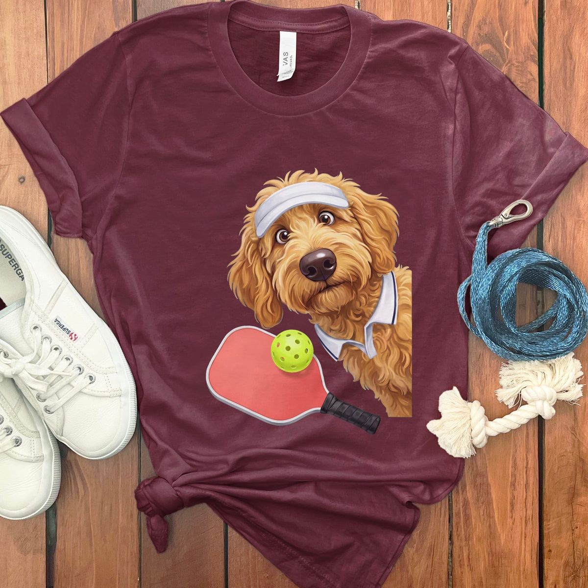 Golden Goldendoodle Pickleball Player T-Shirt in Maroon / S by Puppy Jo