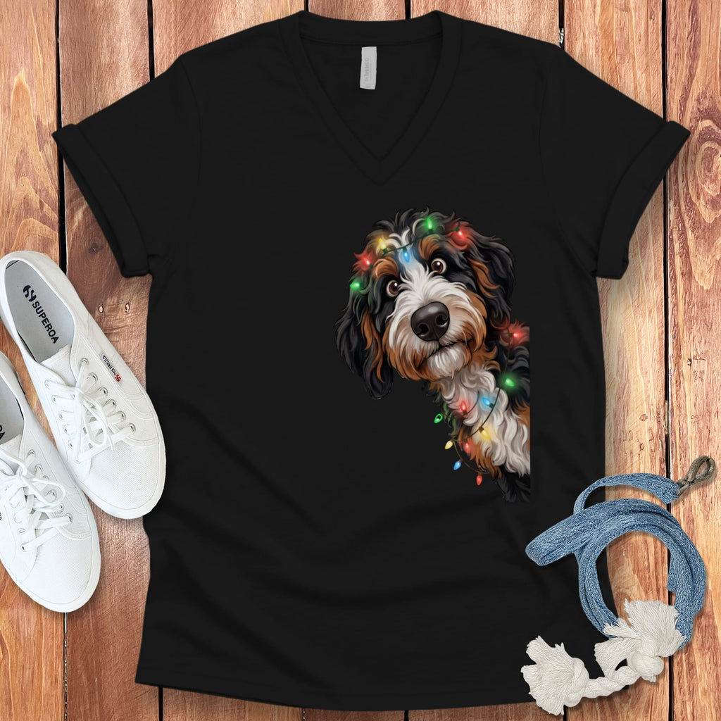 Peeking Bernedoodle Holiday V-Neck T-Shirt in Black / S by Puppy Jo