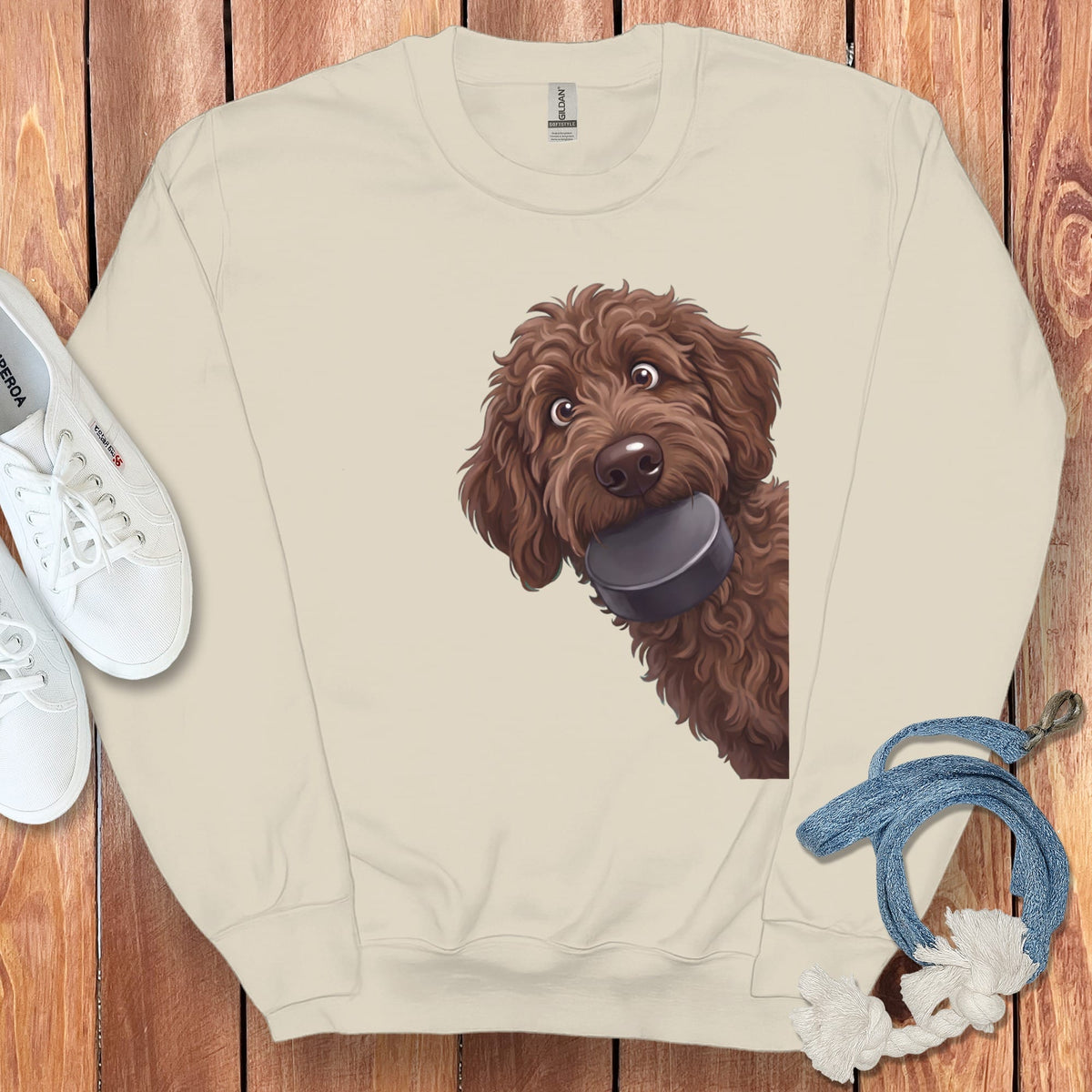 Chocolate Goldendoodle Hockey Puck Sweatshirt in Sand / S by Puppy Jo