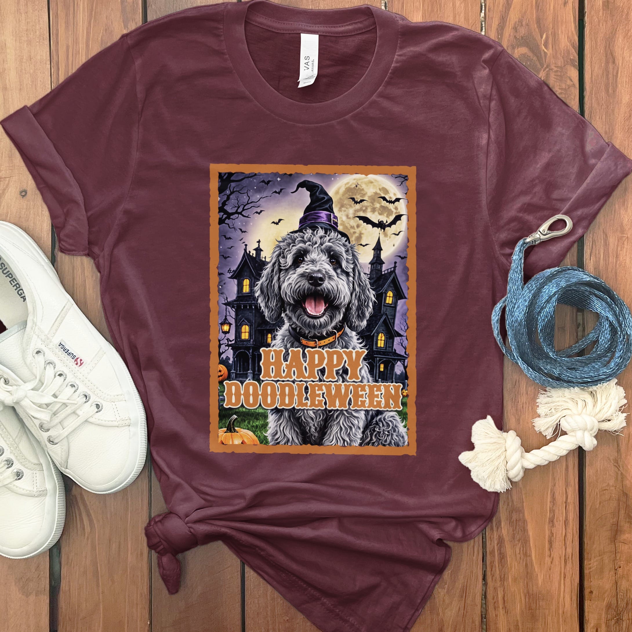 Merle Goldendoodle Happy Doodleween T-Shirt in Maroon / M by Puppy Jo