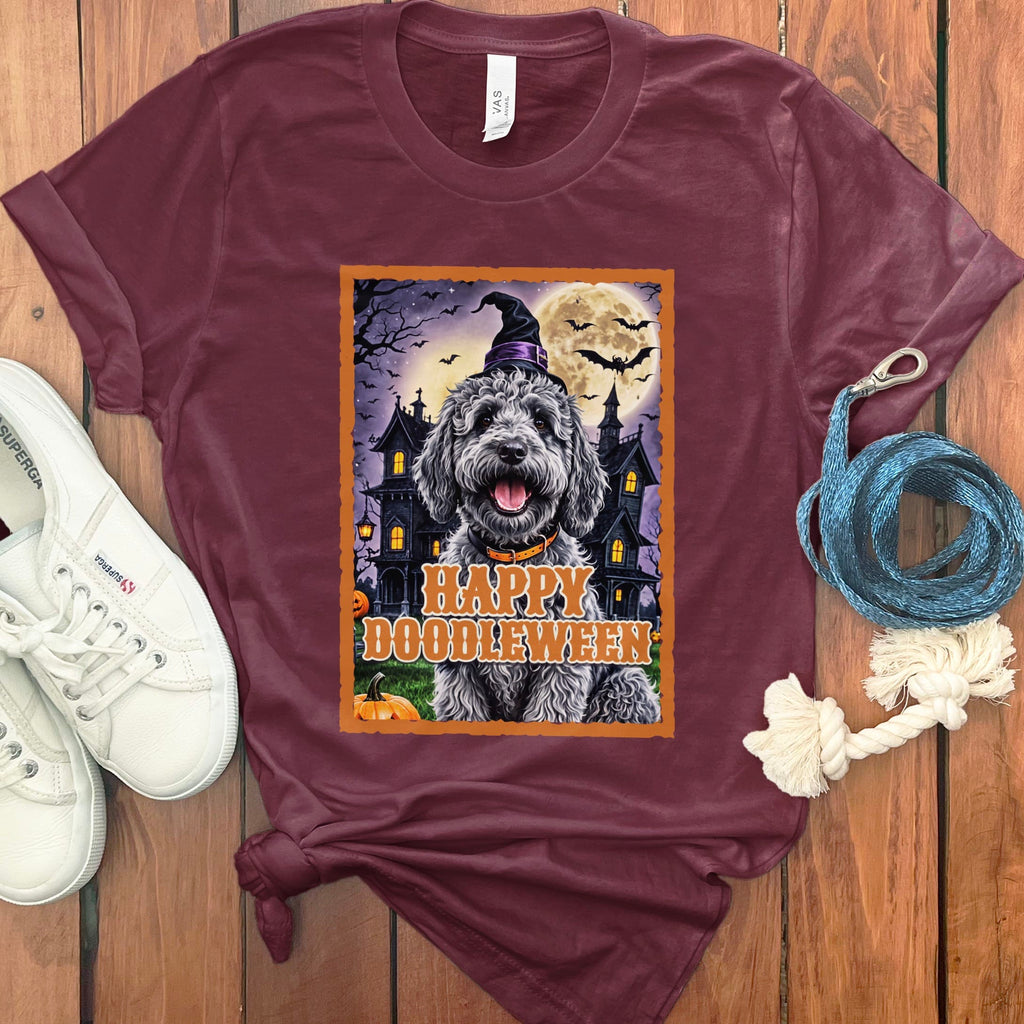 Merle Goldendoodle Happy Doodleween T-Shirt in Maroon / M by Puppy Jo