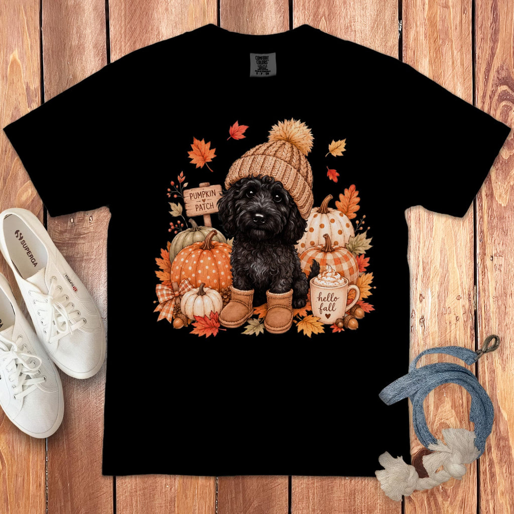 Black Goldendoodle Pumpkin Patch Signature T-Shirt in Black / S by Puppy Jo