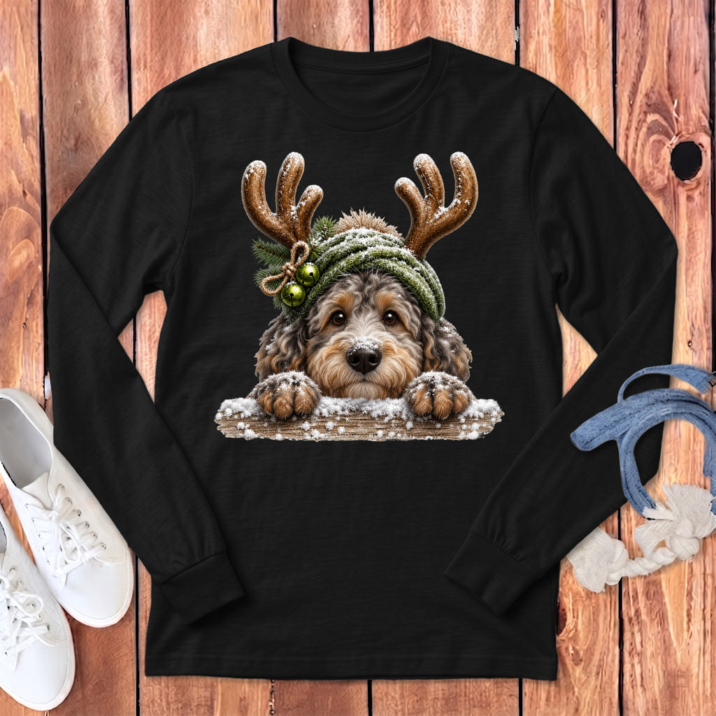 Black long-sleeve shirt with a doodle dog wearing reindeer antlers and a knitted hat.