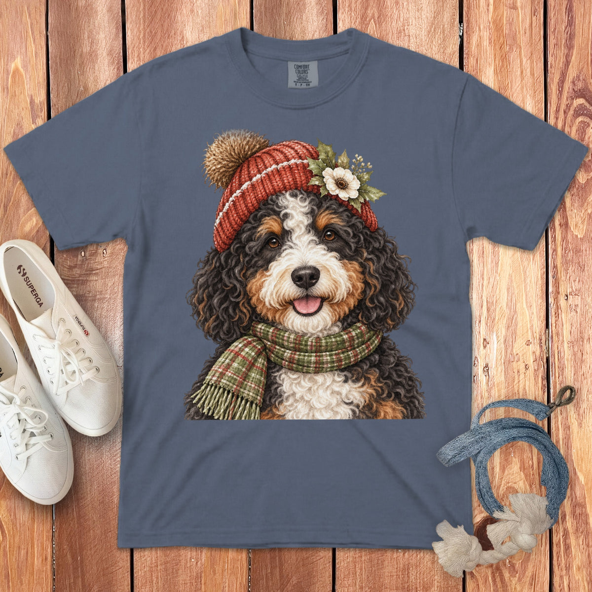Bernese Mountain Dog in winter hat and scarf graphic on a slate blue t-shirt.