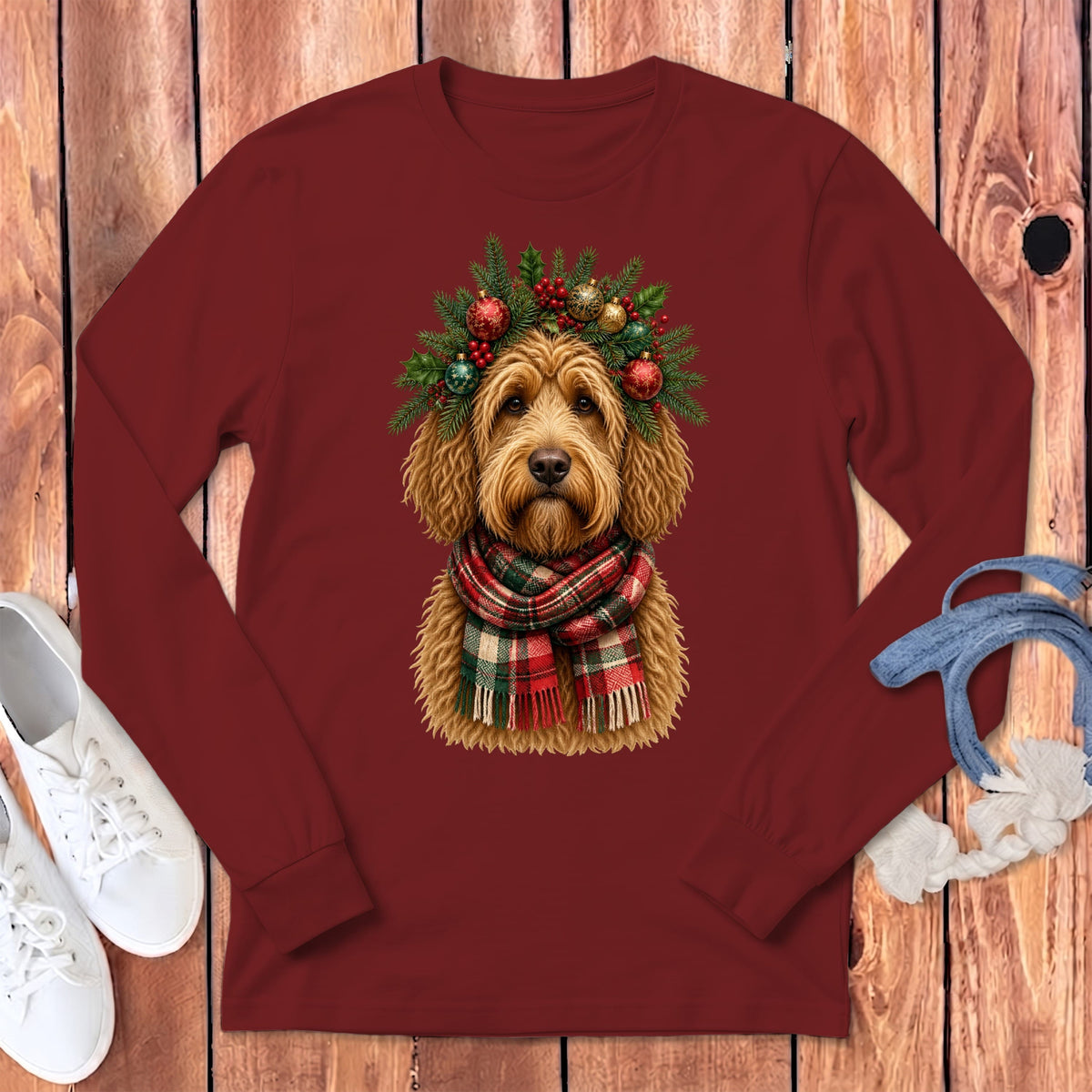 Golden Goldendoodle Holiday Crown Long Sleeve T-Shirt in Cardinal / S by MyDesigns