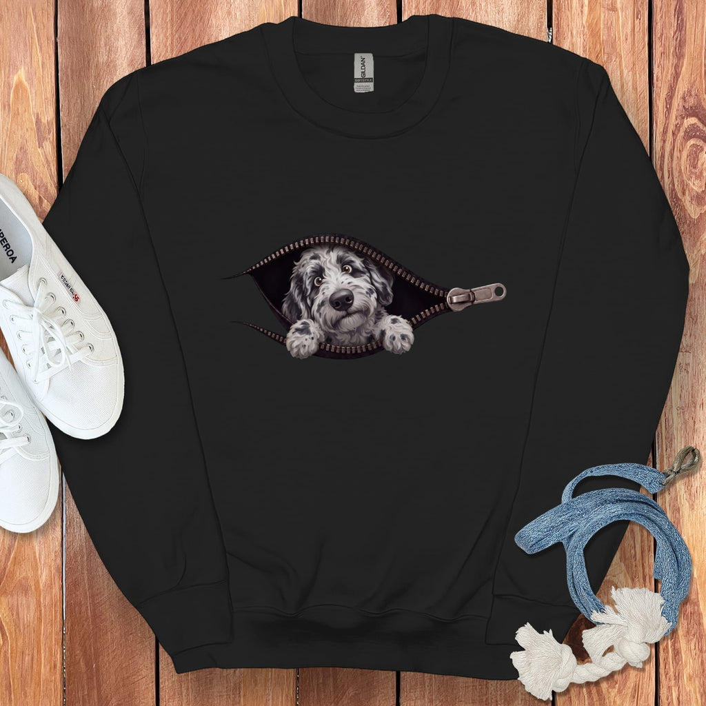 Merle Goldendoodle Peeking Zipper Sweatshirt in Black / S by Puppy Jo