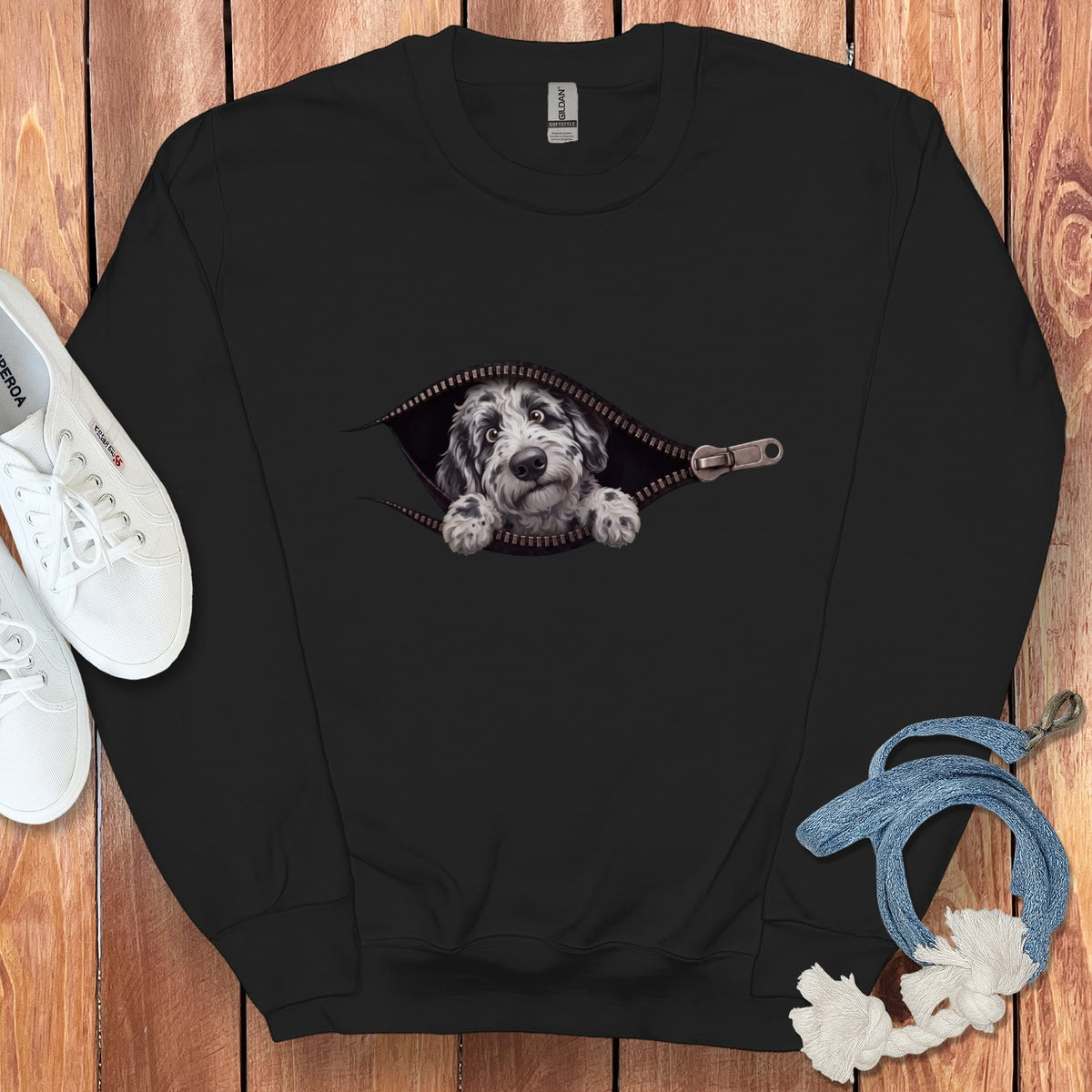 Merle Goldendoodle Peeking Zipper Sweatshirt in Black / S by Puppy Jo