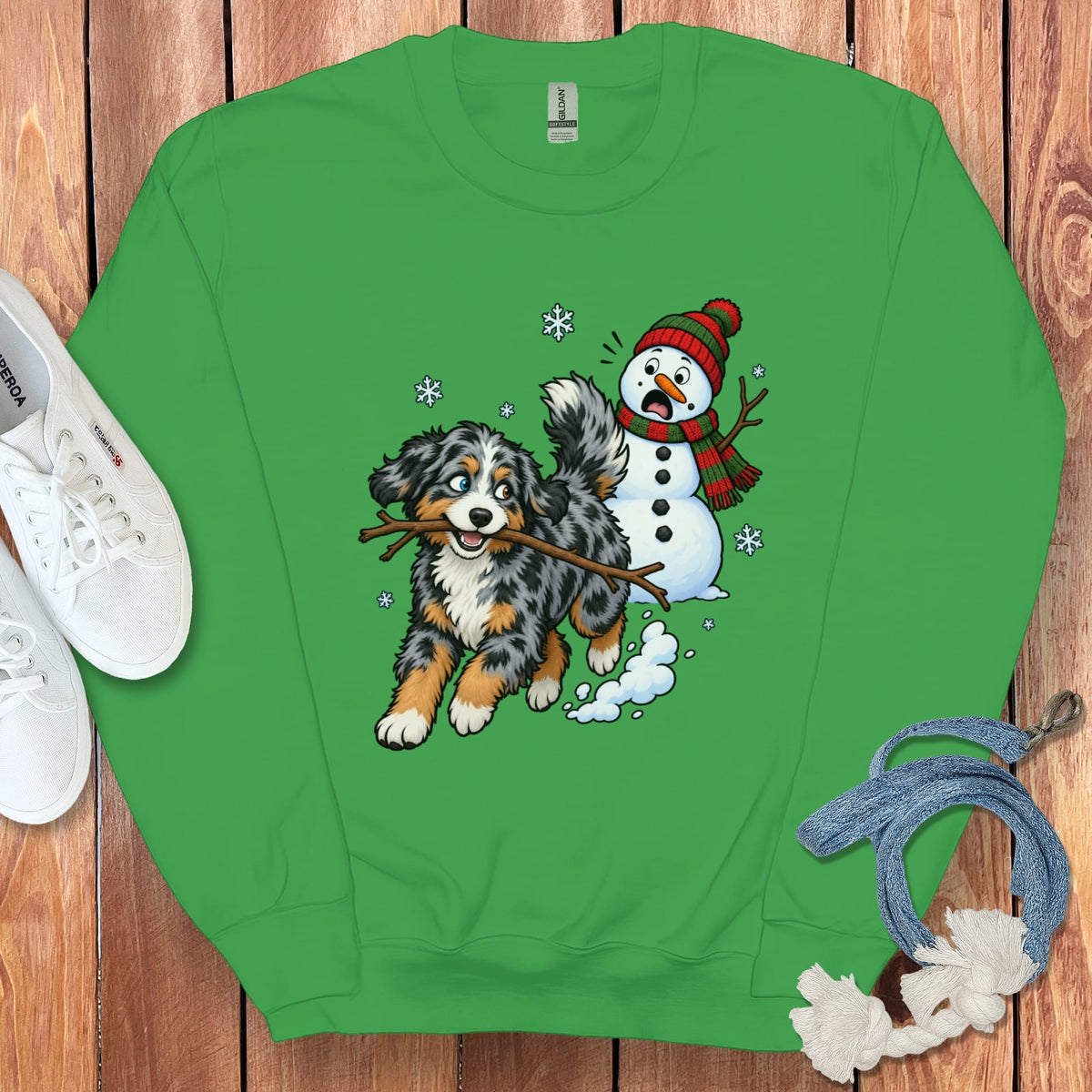Aussiedoodle Snowman Sweatshirt in Irish Green / S by Puppy Jo