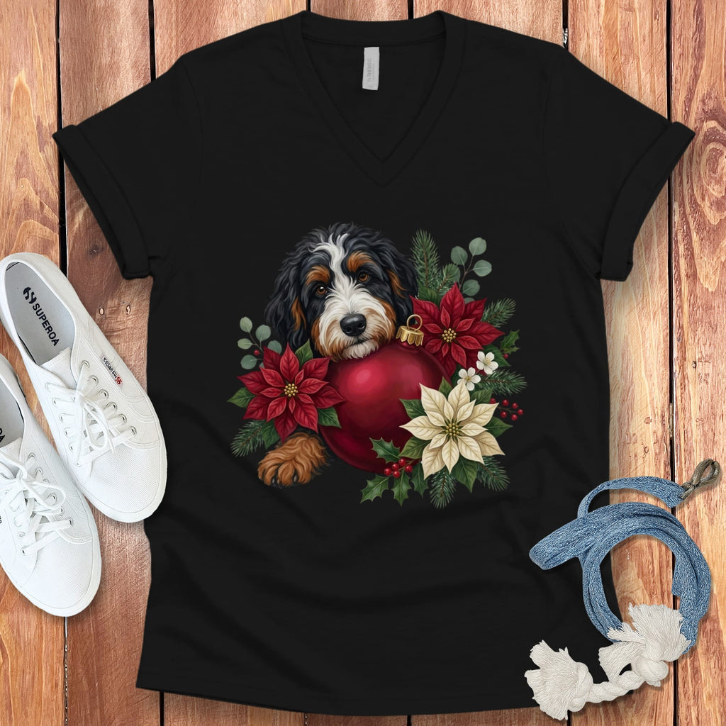 Bernedoodle Holiday Cheer V-Neck T-Shirt in Black / S by Puppy Jo