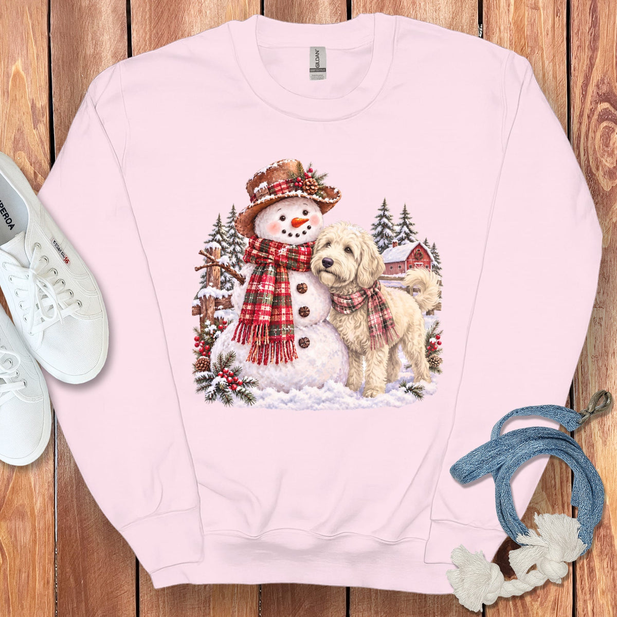 Cream Goldendoodle Christmas Snowman Sweatshirt in Light Pink / S by Puppy Jo