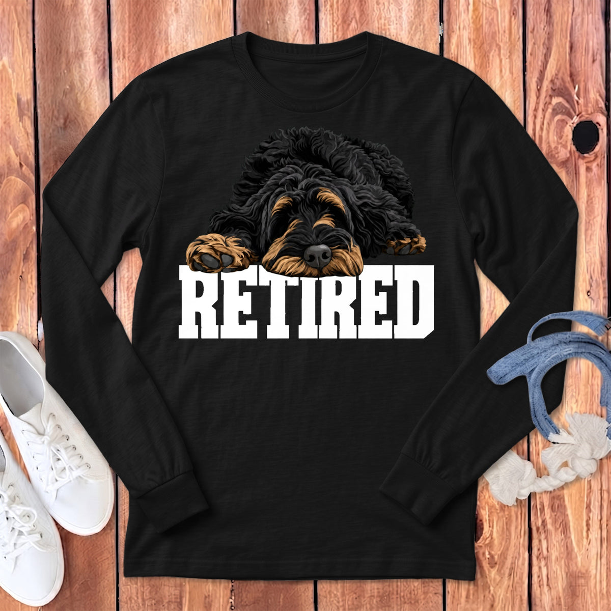 Retired Sleeping Phantom Goldendoodle Long Sleeve T-Shirt in Dark Grey Heather / S by Puppy Jo