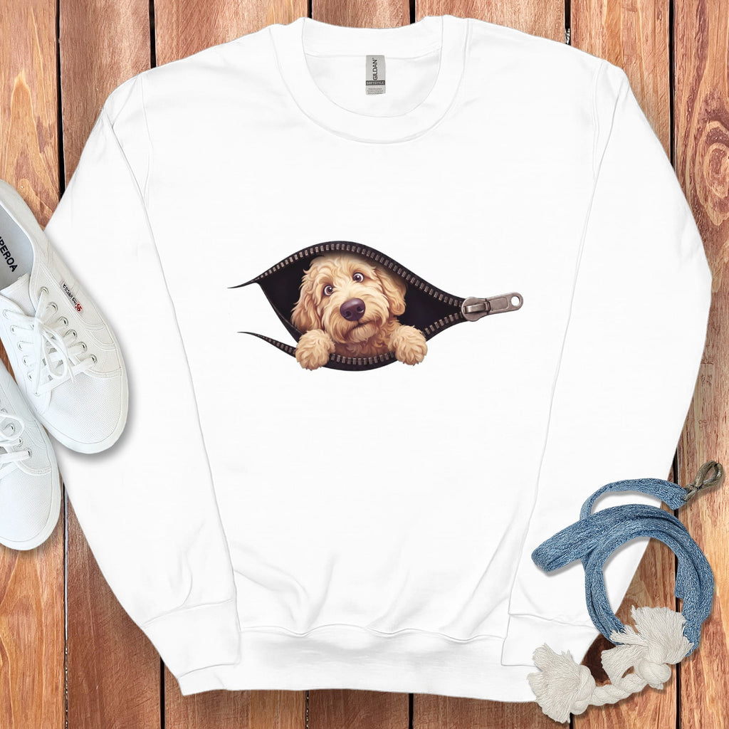 Cream Goldendoodle Peeking Zipper Sweatshirt in White / S by Puppy Jo