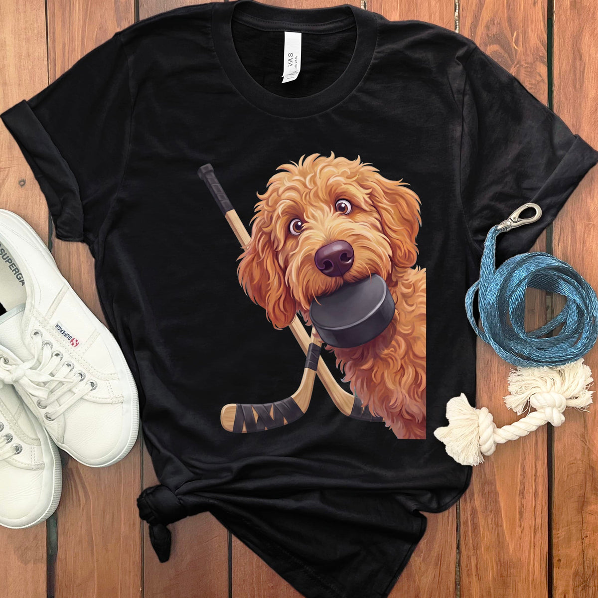 Apricot Goldendoodle Hockey T-Shirt in Black / S by Puppy Jo